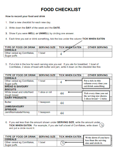 sample food checklist editable template