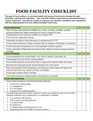 sample food facility checklist template