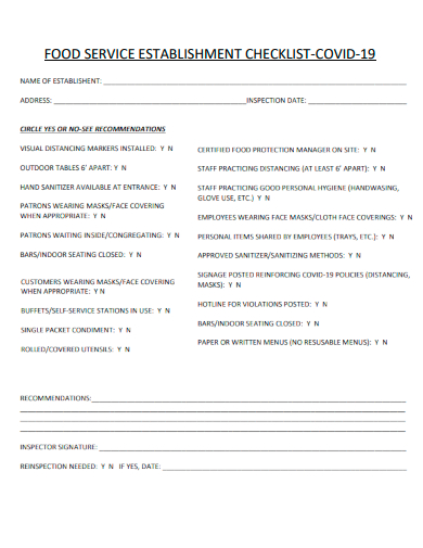 sample food service establishment checklist template