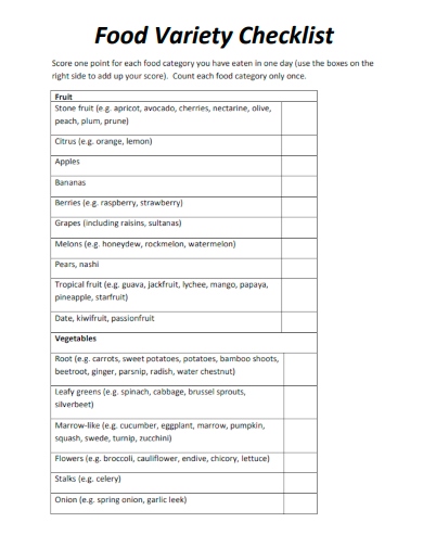 sample food variety checklist template