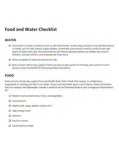 sample food water checklist template
