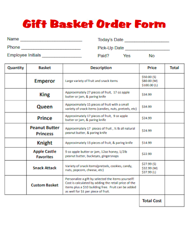 sample gift basket order form template