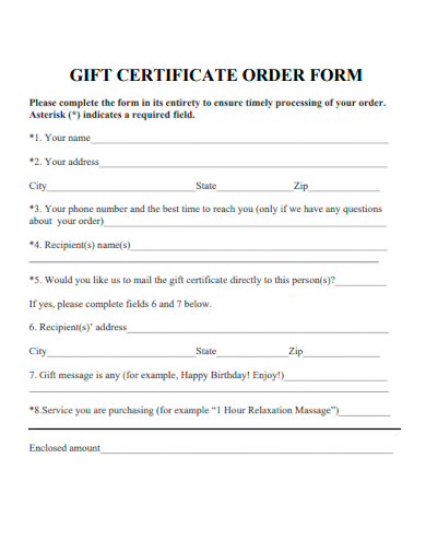 sample gift certificate order form template