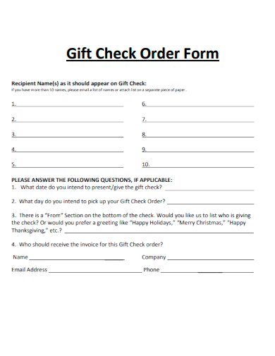 sample gift check order form template