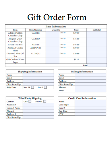 sample gift order form basic template