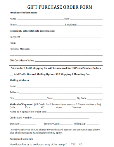 sample gift purchase order form template