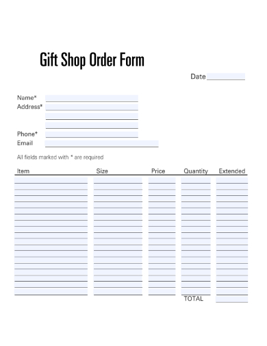 sample gift shop order form template