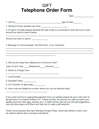 sample gift telephone order form template
