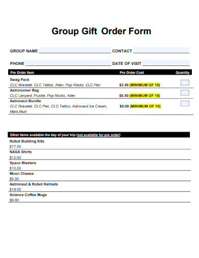 sample group gift order form template