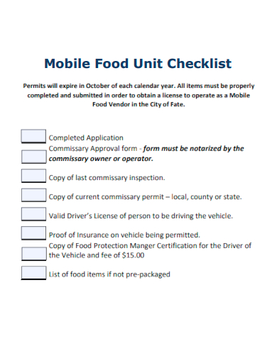 sample mobile food unit checklist template