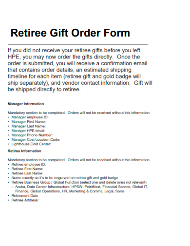 sample retiree gift order form template