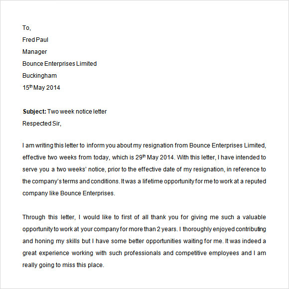 2 weeks notice letter