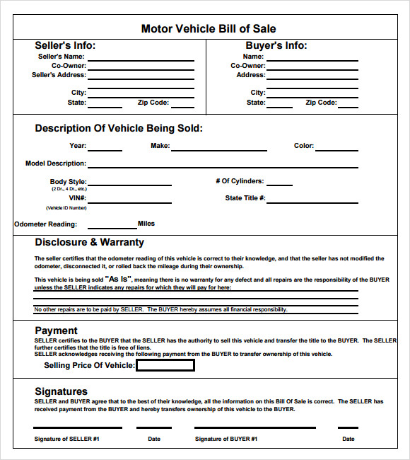 vehicle bill of sale no warranty template