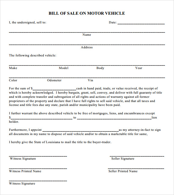 vehicle bill of sale template with notary