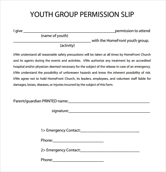 youth group permission slip template