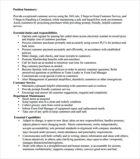 convenience store cashier job description for resume