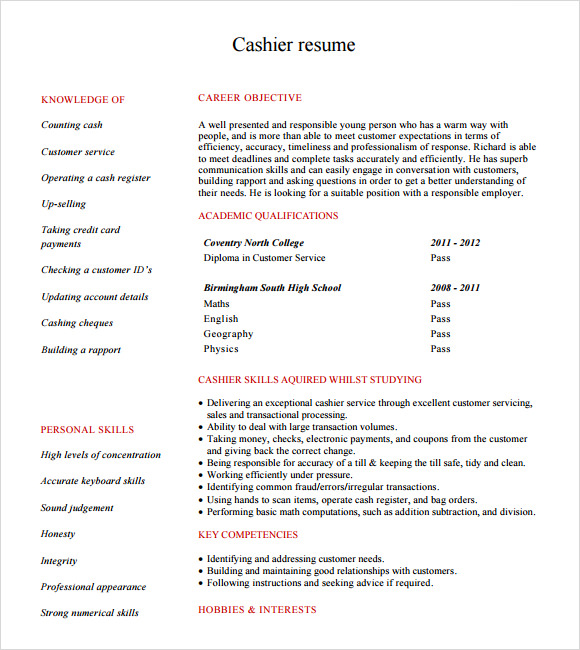 cashier resume templates free