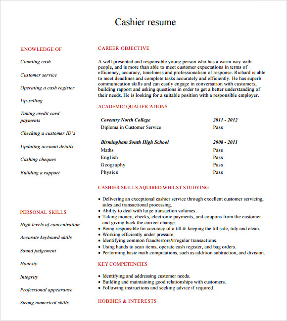 FREE 5  Sample Cashier Resume Templates in PDF