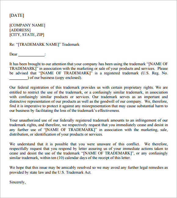 Trademark Cease And Desist Letter For Your Needs Letter Template