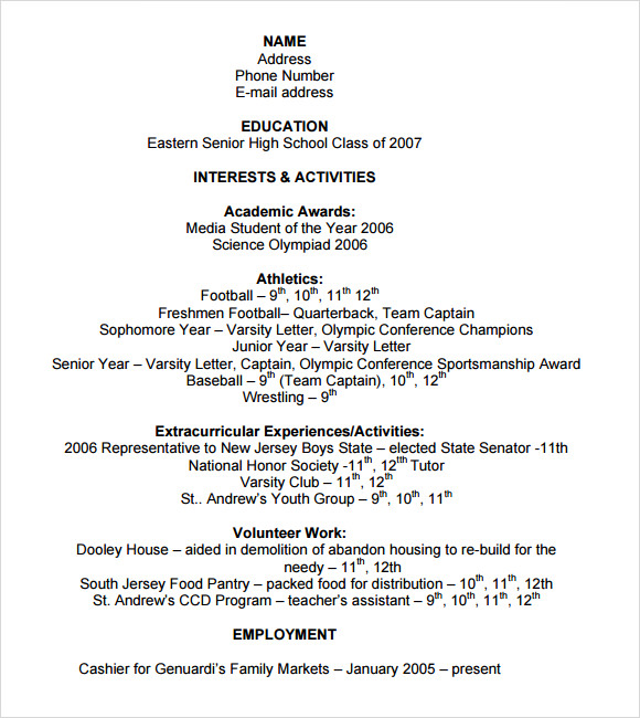 high school student resume template for college