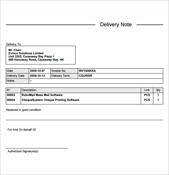 Sample Delivery Note - 17+ Documents in Word, PDF