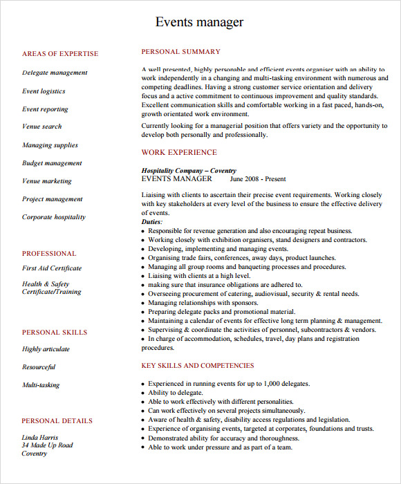 Resume templates event management