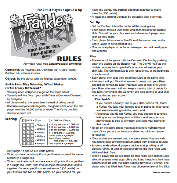 farkle score rules sheet