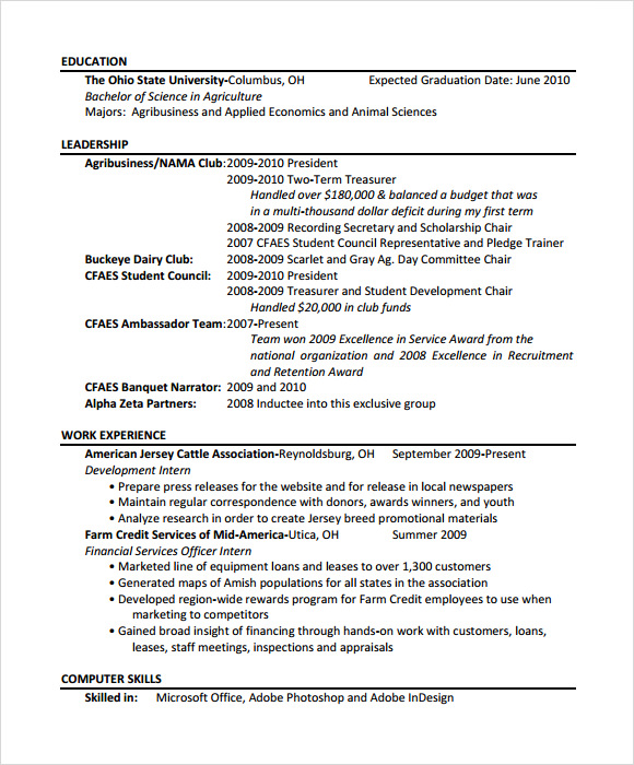 resume format for agriculture students