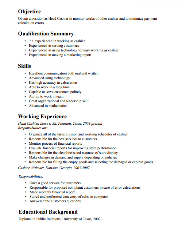 10-cashier-resume-templates-free-samples-examples-format-sample