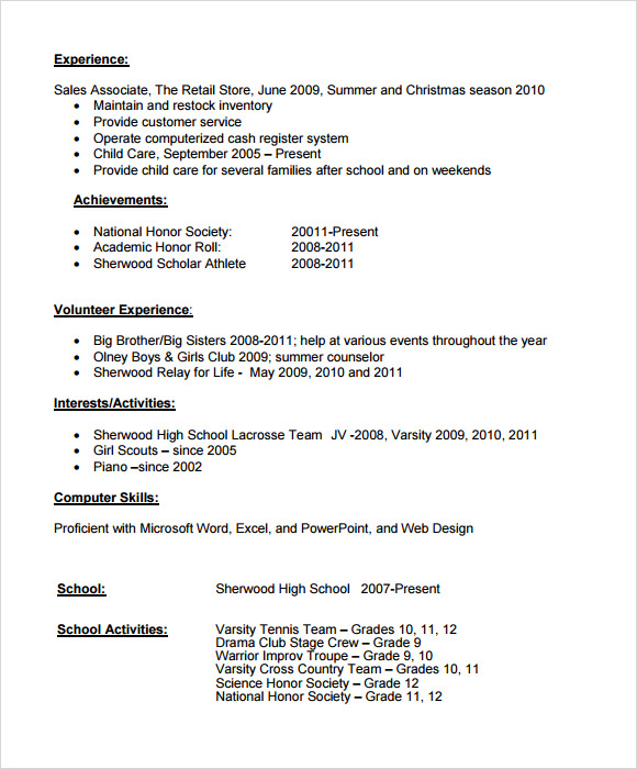 resume templates for high school