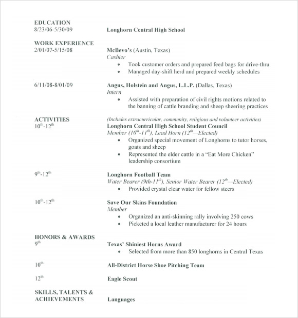 7+ Sample High School Resume Templates  Sample Templates