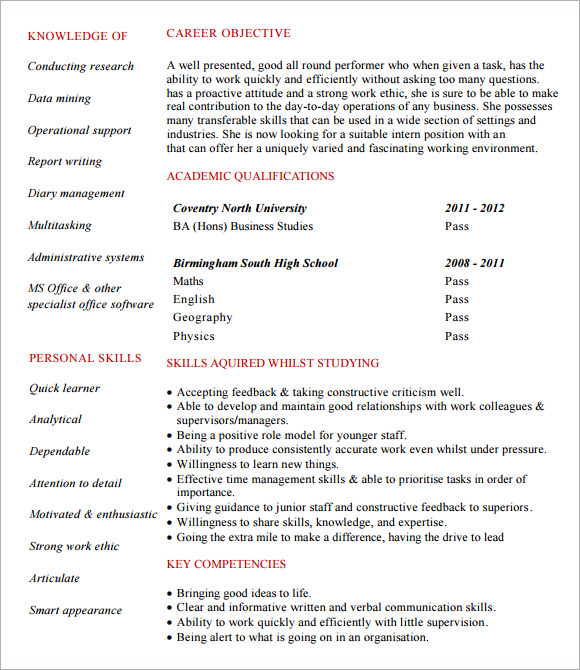 Sample internship resume pdf