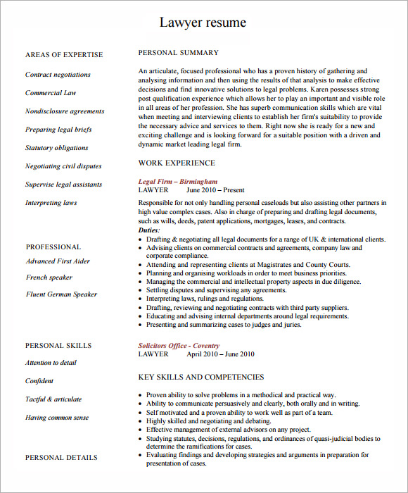 lawyer resume template pdf