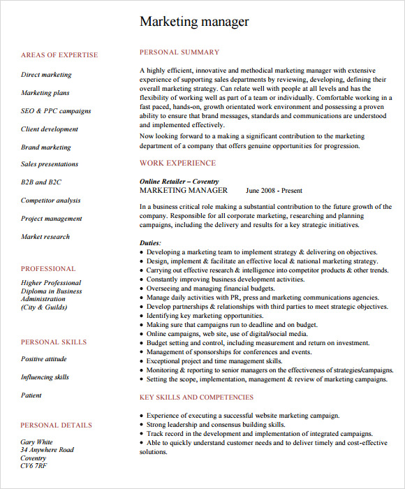 marketing manager resume sample