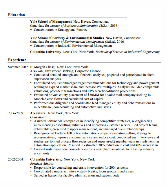 Mba Student Resume Sample