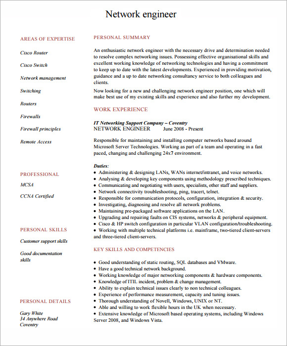 FREE 5+ Sample Network Engineer Resume Templates in PDF PSD MS Word