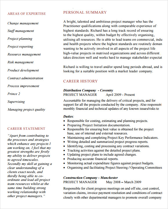 FREE 7 Project Manager Resume Templates In Samples In PDF