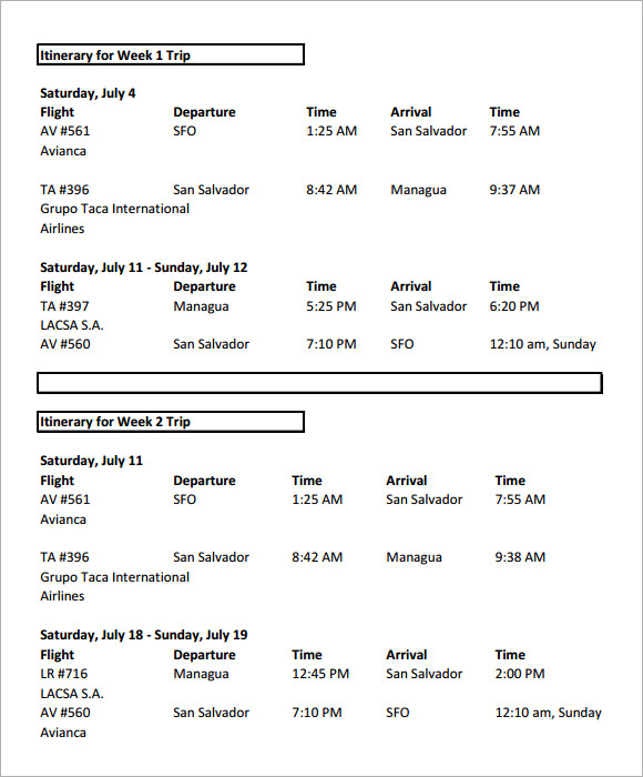 sample weekly itinerary