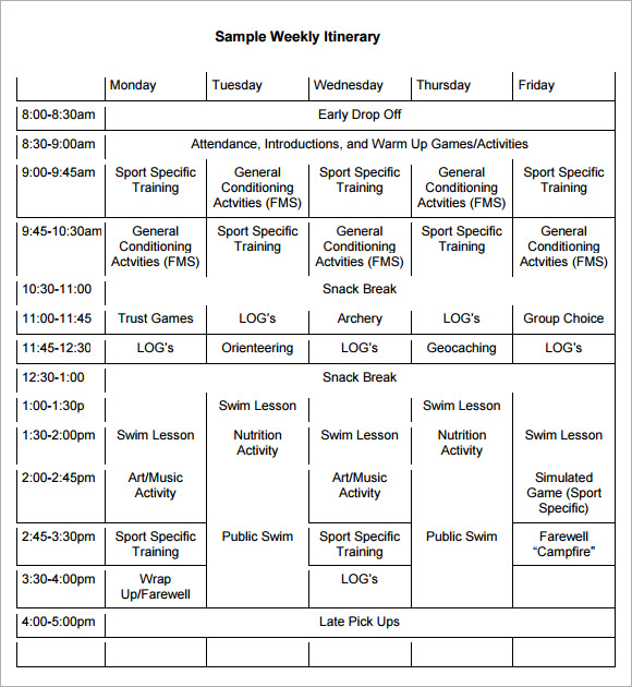 FREE 8+ Weekly Itinerary Samples in PDF