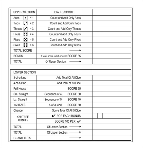 yahtzee score card template