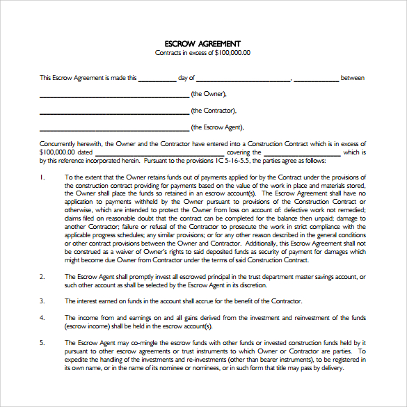 10  Sample Escrow Agreement Templates Sample Templates