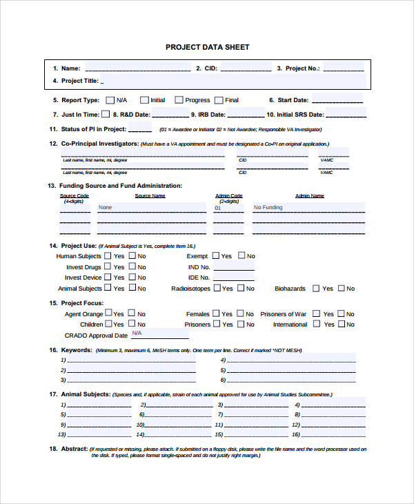 project data sheet template