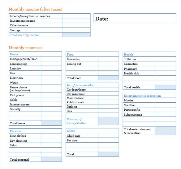 sample budget personal blank