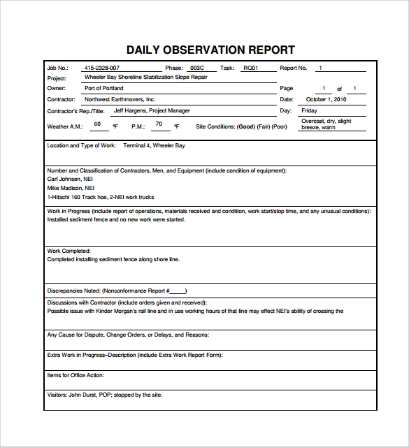 daily observation report template