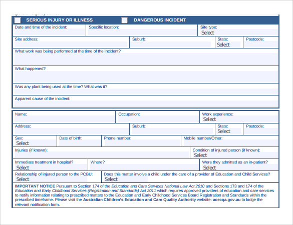 notifiable incident report form