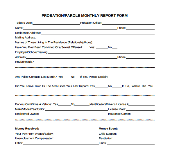 probation monthly report form