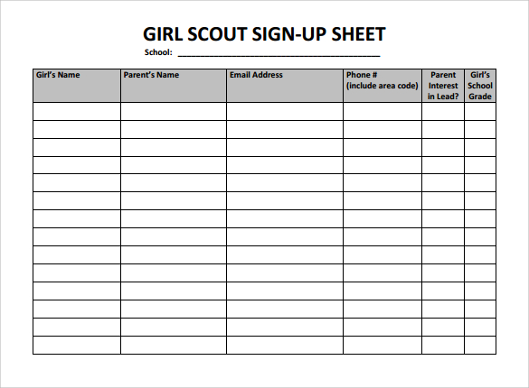 example sign up sheet