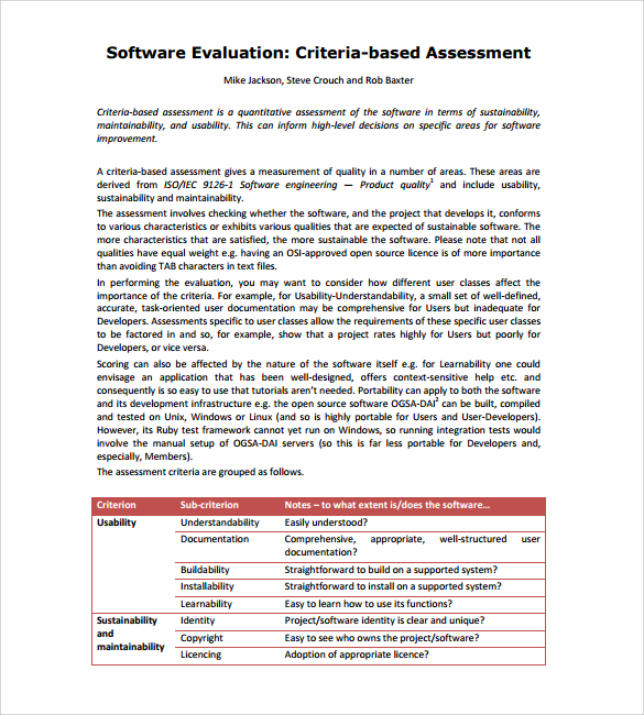 Software Evaluation Criteria Template