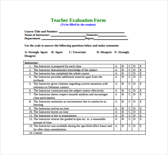 sample teacher evaluation form %ef%bb%bf