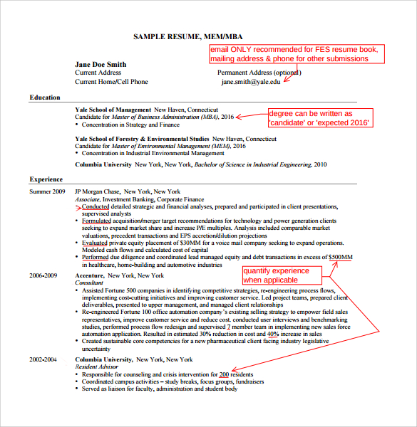 creating a resume for mba application